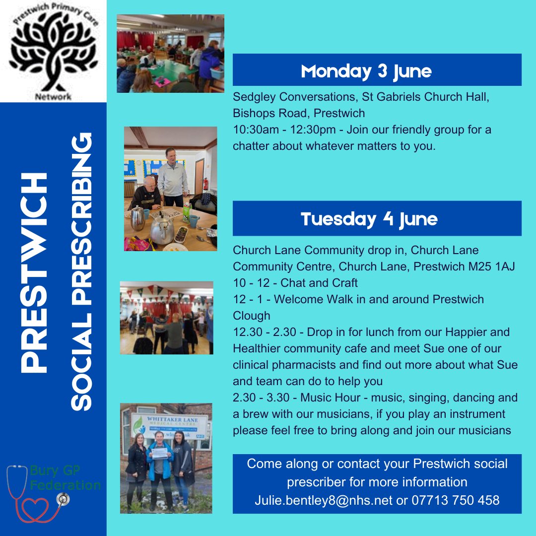 Bury GP Federation (@bury_gp_fed) on Twitter photo Join our Prestwich social prescribing activities next week, there's something for everyone. Share a worry and get help and support with the things that matter to you. <a href="/juebee19/">Julie - Prestwich Social Prescriber</a> <a href="/RebeccaM2381/">Rebecca Martin - Whitefield social prescriber</a> Join our Prestwich social prescribing activities next week, there's something for everyone. Share a worry and get help and support with the things that matter to you. <a href="/juebee19/">Julie - Prestwich Social Prescriber</a> <a href="/RebeccaM2381/">Rebecca Martin - Whitefield social prescriber</a>