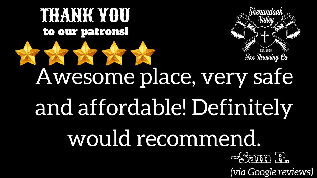 SVAXECO's tweet photo. Thank you to our patrons! We really appreciate you taking the time to write a thoughtful review. Here's what some of our customers are saying!
#discoverfrontroyal #axethrowing #shenandoahaxethrowingco #SVAXECO #fivestarreview #awesome #safe #affordable https://t.co/V1t3WU1HwK