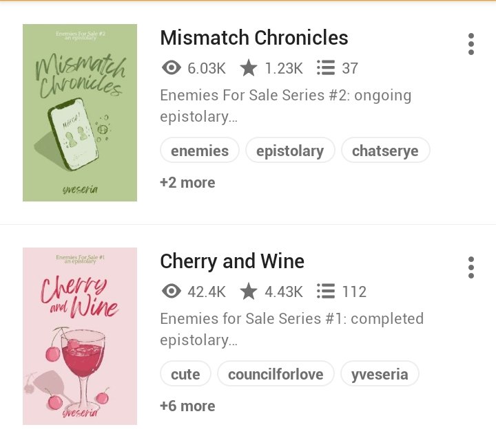 realcochet's tweet photo. ౨ৎ ˖ ࣪⊹ 
new achievement for enemies for sale series 

🍀 mismatch chronicles 6k reads 
🍒 cherry and wine 42k reads 

written by @yveseria https://t.co/l31tANGEjB