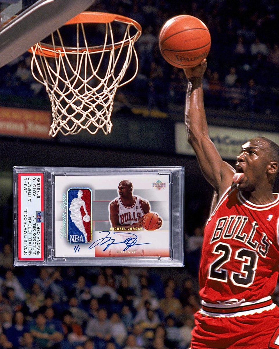 gurucollects's tweet photo. 🚨 BREAKING NEWS 🚨

The 2003 Michael Jordan Ultimate Logoman 1/1 just set a new record for the MOST EXPENSIVE MJ card EVER sold at $2,928,000. 

Arguably one of the greatest modern basketball cards of all time. Jordans Ultimate Collection logoman features a game worn NBA logo patch, a crisp blue auto and a handwritten "1/1" inscription from Jordan.

The previous record was Jordan’s 1997 Upper Deck Game Jerseys Patch Auto /23, which sold in a private sale in 2021 for $2.7M. 

Is this the highest selling Jordan card we will EVER see?