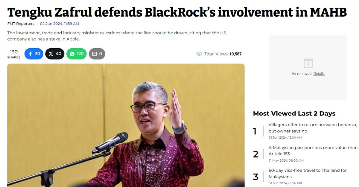 Zafrul’s naivety in defending BlackRocks 30% stake of MAHB (through GIP) will costs us in the future. Besides its involvement in companies assisting Israel in the ongoing genocide in Palestine, BlackRocks exhibits a clear case of Corporate control and monopoly. 🧵 below