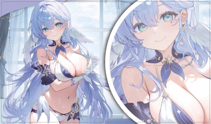SC2024Summer / エアサンクリ 新作発表⑥ ロビン(水着) の スリーブ(一部が光ってます) や プレイマ ット になります! イラストレーターは Machi()様です。 ※プレイマットはフルアート版と横版の2種類があります。