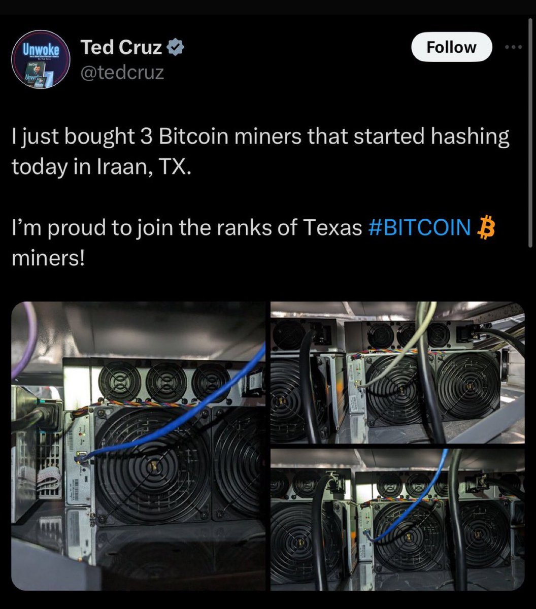 Senator Ted Cruz says he purchased 3 Bitcoin miners that started mining in Texas.
