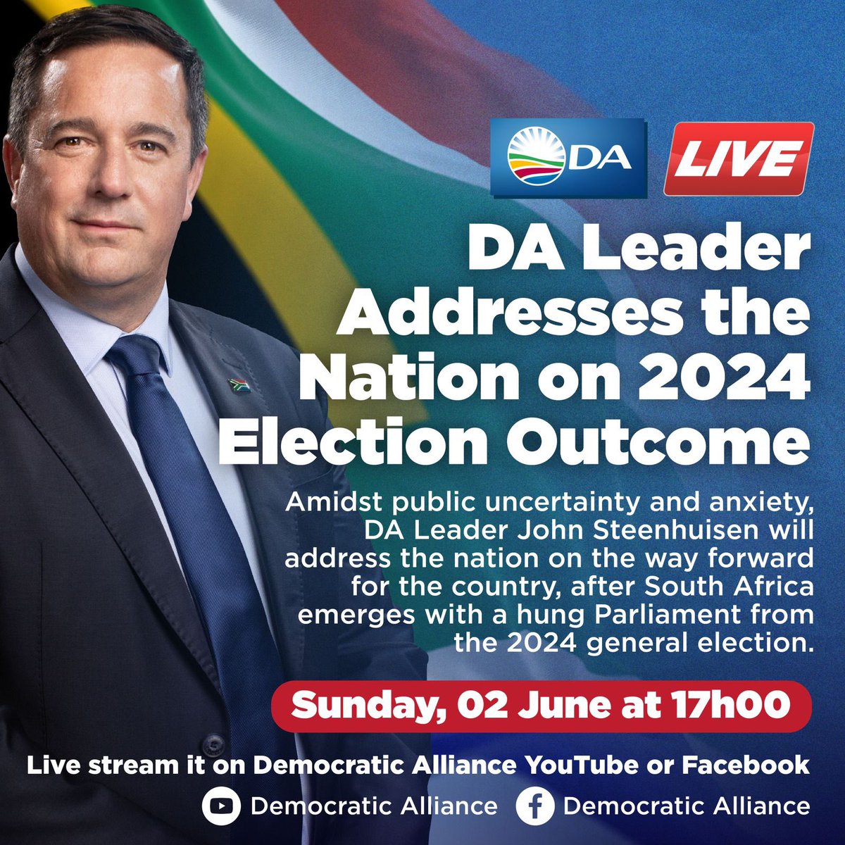 📺Tune today at 17h00. Amidst public uncertainty and anxiety, DA Leader John Steenhuisen will address the nation on the way forward for the country, after SA emerges with a hung Parliament. Watch it on the DA's Facebook or YouTube pages: youtube.com/live/Y1kzhCTxE… #ElectionResults