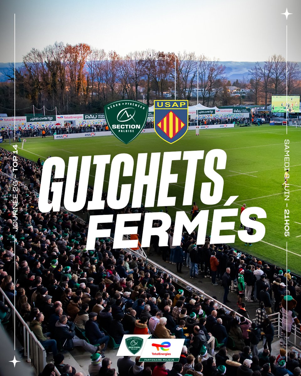 SectionPaloise's tweet photo. 🔥 Pour le dernier match de la saison, le Hameau sera de nouveau à 𝐠𝐮𝐢𝐜𝐡𝐞𝐭𝐬 𝐟𝐞𝐫𝐦𝐞́𝐬 ! 🏟️

🟢⚪️ Un très gros match attend nos Béarnais avec l'objectif d'une 𝗾𝘂𝗮𝗹𝗶𝗳𝗶𝗰𝗮𝘁𝗶𝗼𝗻 𝗵𝗶𝘀𝘁𝗼𝗿𝗶𝗾𝘂𝗲 en Champions Cup ! 💪

#SPUSAP #TOP14 #HonhaSection https://t.co/PHXtUFsLBZ