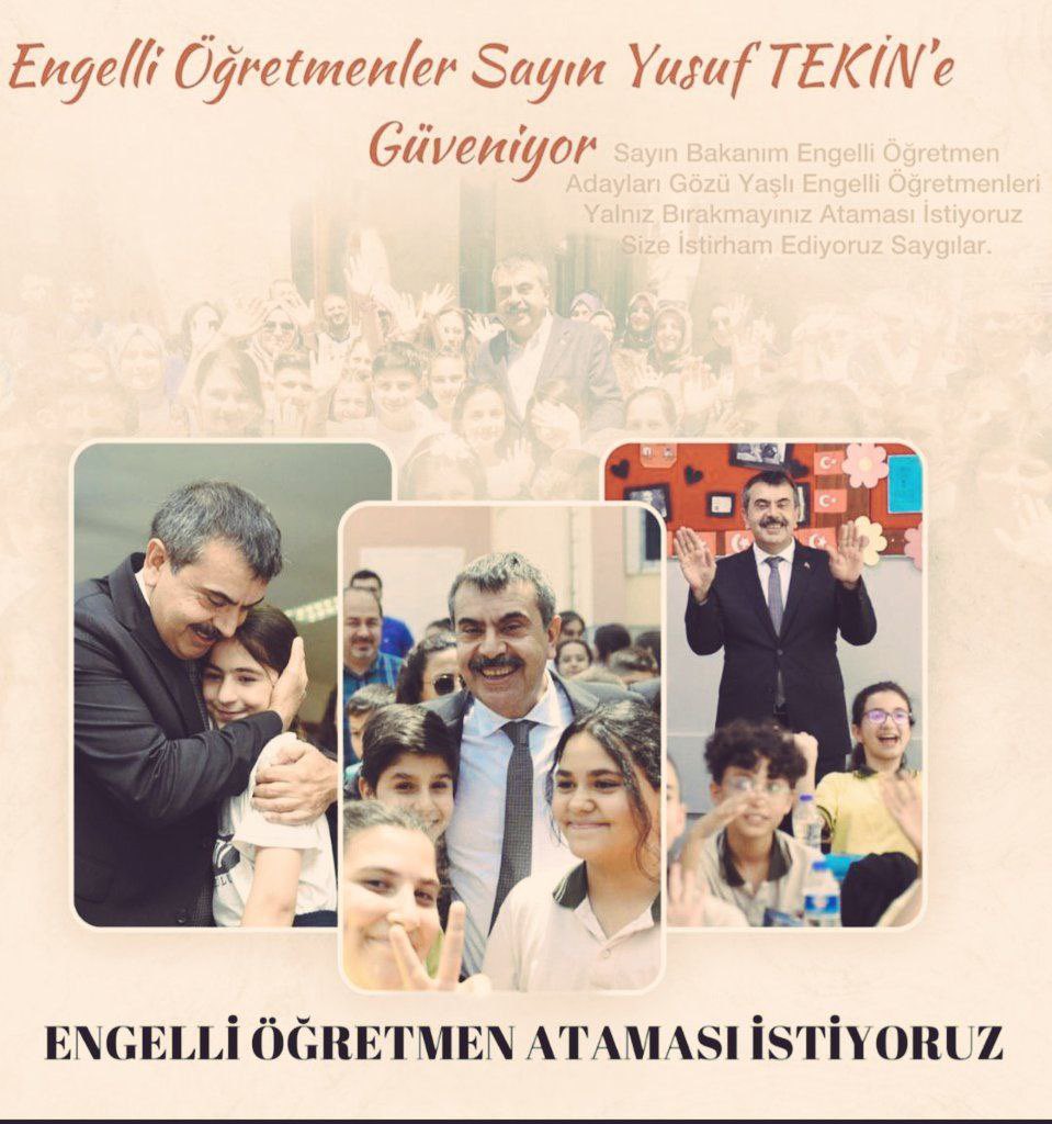 Sosyal devlet anlayışını benimseyen devletimizin bizleri mağdur etmeyeceğini biliyoruz. Bizler bu doğrultuda devletimizden 2000 engelli öğrtmn atamsı taleep ediyoruz.
<a href="/tcbestepe/">T.C. Cumhurbaşkanlığı</a>
<a href="/RTErdogan/">Recep Tayyip Erdoğan</a>
<a href="/tcmeb/">Millî Eğitim Bakanlığı</a>
<a href="/Yusuf__Tekin/">Yusuf Tekin</a>
<a href="/HMBakanligi/">T.C. Hazine ve Maliye Bakanlığı</a>
<a href="/memetsimsek/">Mehmet Simsek</a>

#EngelliÖğretmenlerİçin2000