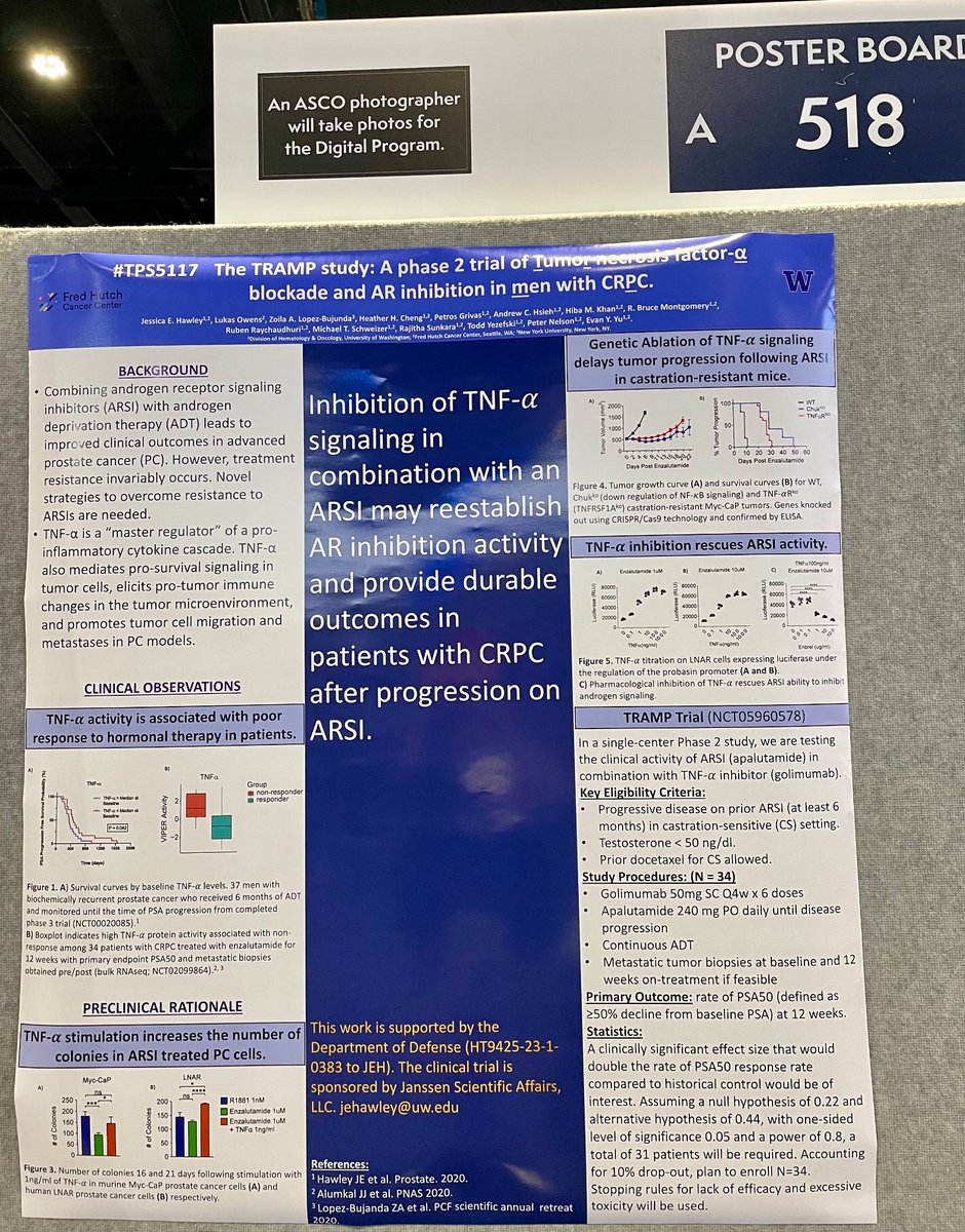 Come see our TPS poster! 9a-12p TODAY board #518a (I’ll be there 9:40ish) TRAMP trial: Ph2 trial of TNF-a blockade in combo w/ ARPI in CRPC #ASCO24 @fredhutch @JanssenUS @Dr_RaviMadan @PGrivasMDPhD