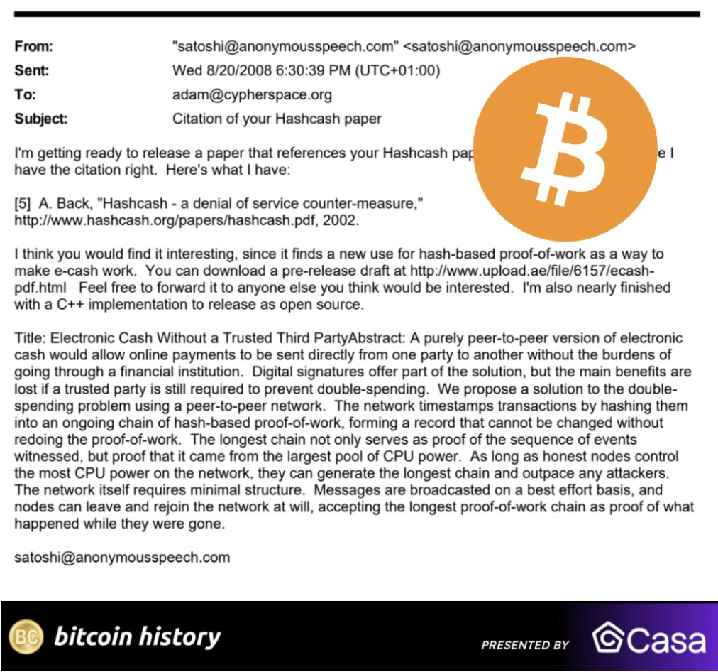 17/ Finally, in 2008, Adam received a mysterious email. From the unknown  Satoshi Nakamoto, it heralded a new approach to a decentralized money.  Satoshi called the concept #Bitcoin.