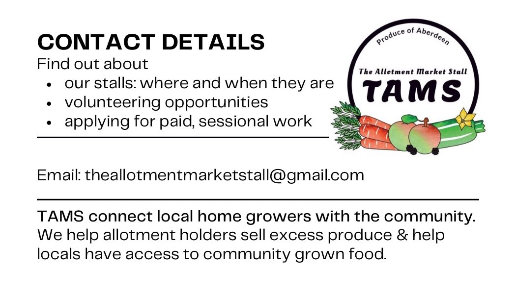 Want to volunteer with The Allotment Market Stall in Aberdeen for summer stalls or on our committee? Please get in touch for details. We need people who are keen to help! 🌱Ps Newbie gardeners welcome! #volunteersweekscot @Aberdeen_ACVO <a href="/AbzClimate/">Aberdeen Climate Action</a> <a href="/_afairerworld/">Aberdeen for a Fairer World MDEC</a> <a href="/HSCAberdeen/">Aberdeen City HSCP</a>