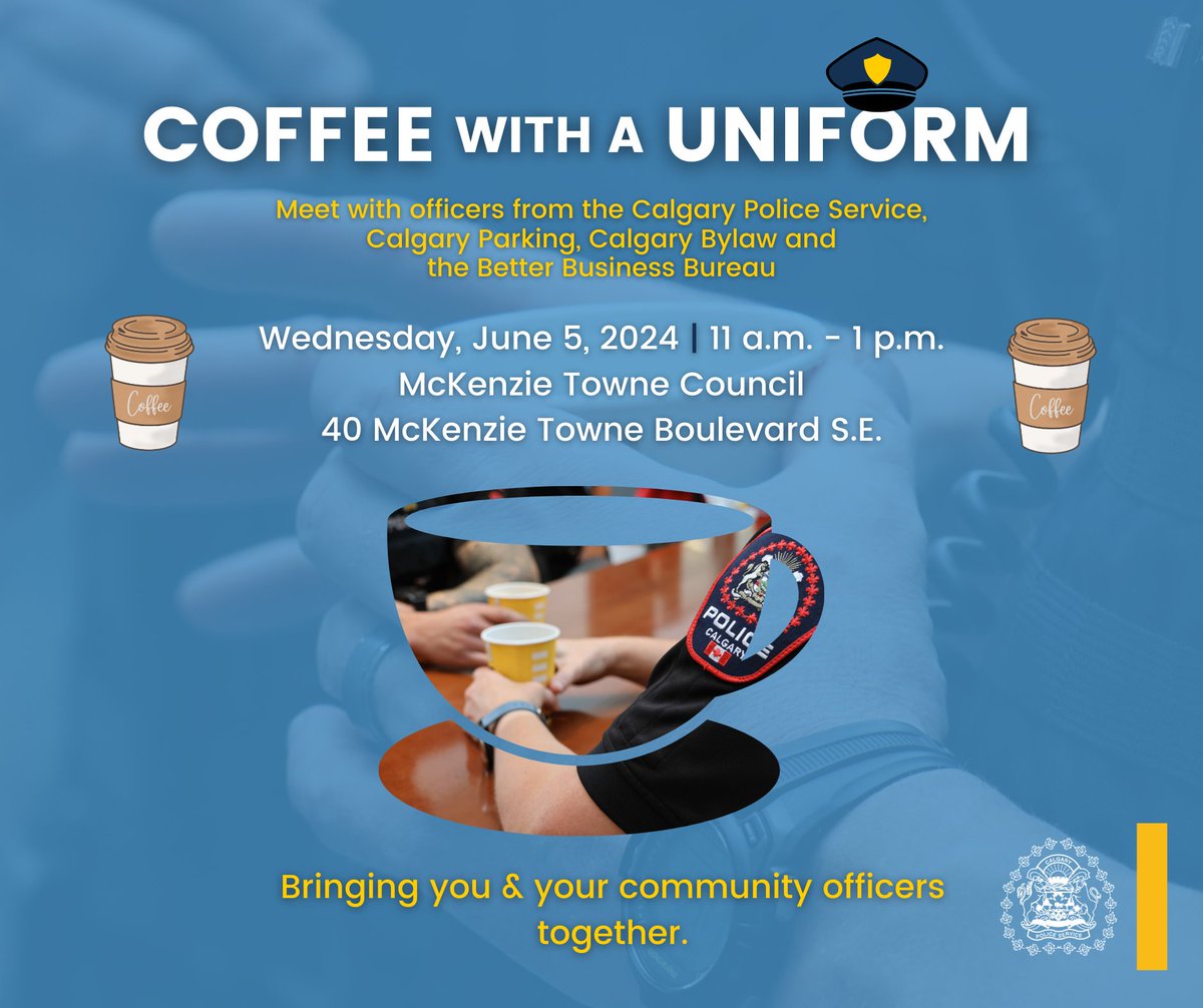 ☕ On Wednesday, June 5, 2024, join our Community Resource Officers (CRO) & Recruitment team for #CoffeeWithAUniform at McKenzie Towne Council. This event is an opportunity for local residents to get to know their CRO while enjoying a cup of coffee! ☕