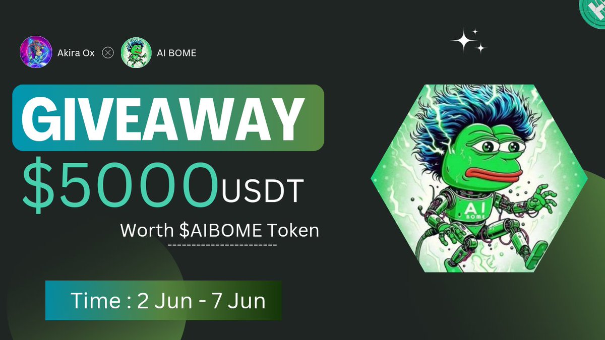 😍AI_BOME x Akira Ox #Giveaway🥳

🏆Prize Pool ---- 5000$ Worth of $AIBOME For 500 Winners 🥳

To Enter👇
✅Follow <a href="/AI_BOME/">AIBOME</a> &amp; <a href="/Akira_OX004/">Akira OX 🟡</a>
✅Like❤️,RT &amp; Tag 3 Friend
✅Join t.me/AIbomeox
✅Comment Your Metamask Address

⏳ Ending Time: 7th Jun

#Airdrops #Giveaway #BSC