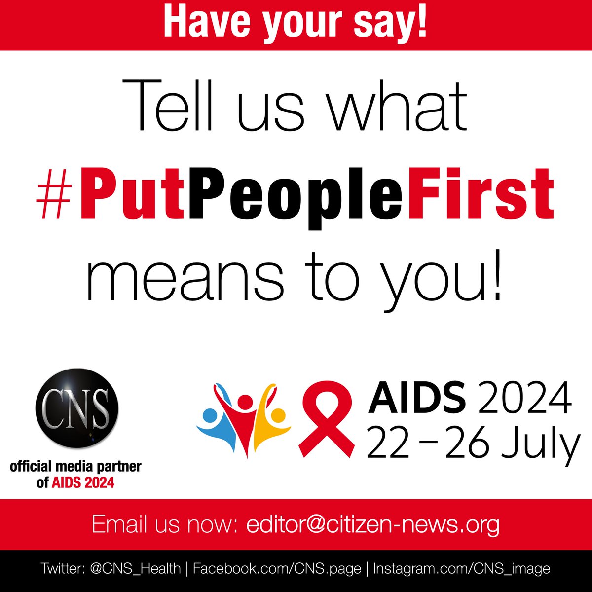 shobha1shukla's tweet photo. P U T
P E O P L E
F I R S T

📣 #HaveYourSay in lead up to #AIDS2024! Tell us what #PutPeopleFirst means to u?  CNS, official #media partner of AIDS 2024 @AIDS_conference of @IASociety in #Munich, will host a special online session for you!

 Email us editor@citizen-news.org https://t.co/eEHZXWcHwp