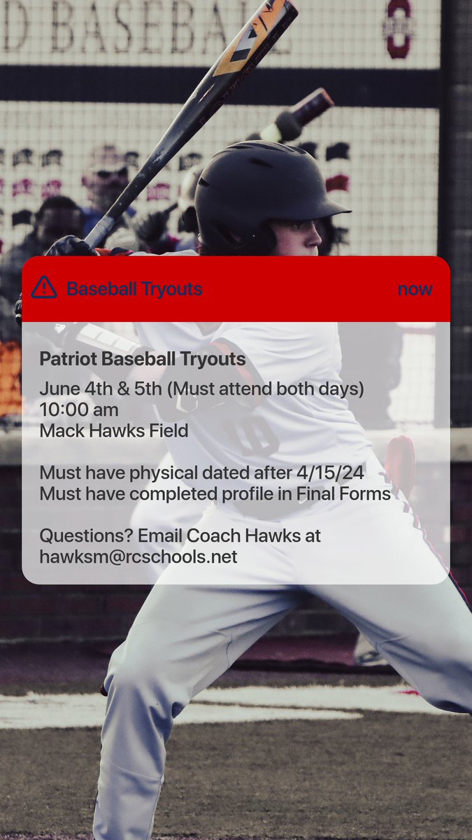 Tryouts for the 2024-2025 baseball team is this Tuesday and Wednesday at 10 am. Physicals dated after 4/15/2024 and Final Forms must be completed.