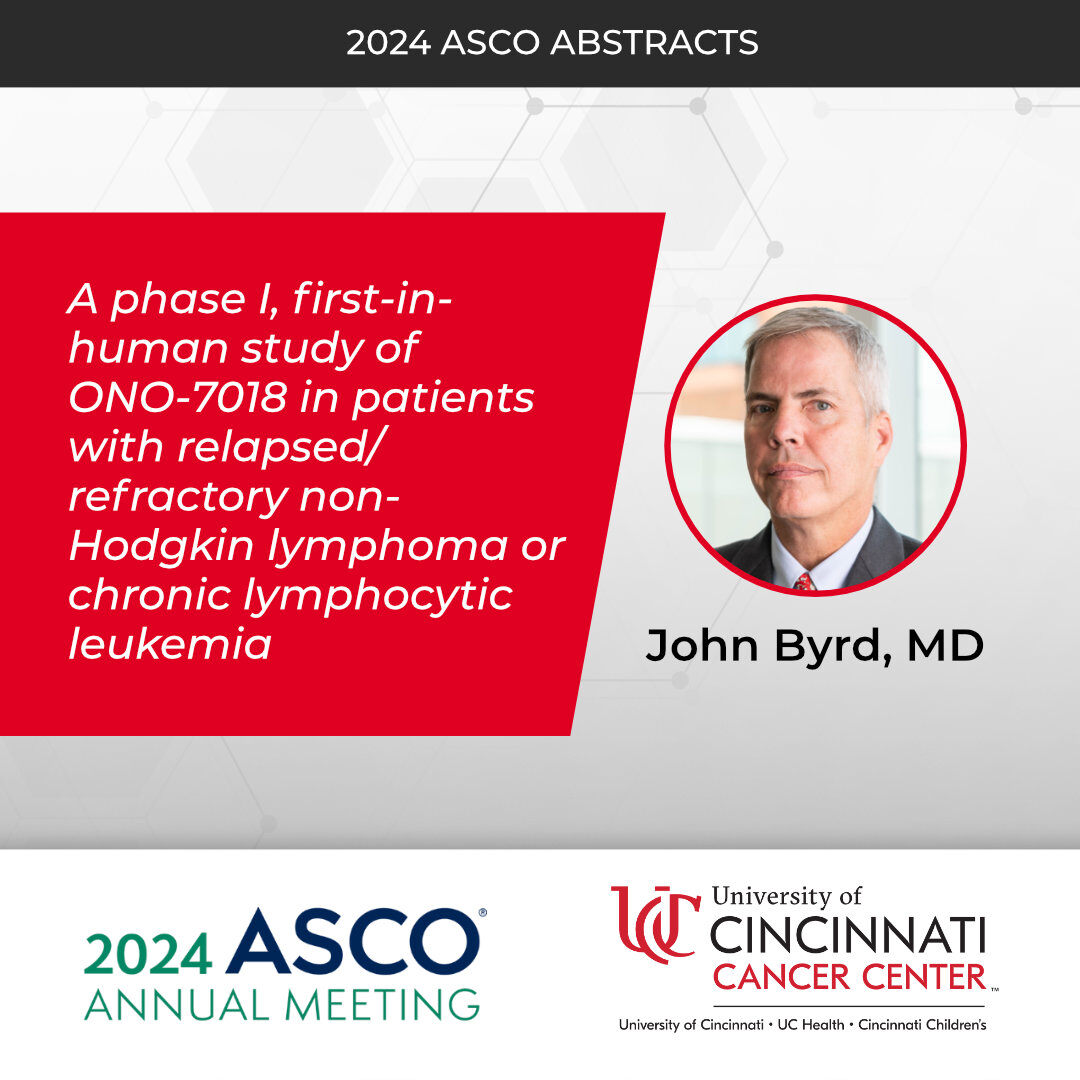 At #ASCO24, John Byrd, MD presents on ONO-7018 for relapsed/refractory NHL & CLL in 'A phase I, first-in-human study.' Promising early results in overcoming cancer resistance. More info: uofcincycancer.center/4dZsYdz #CancerResearch