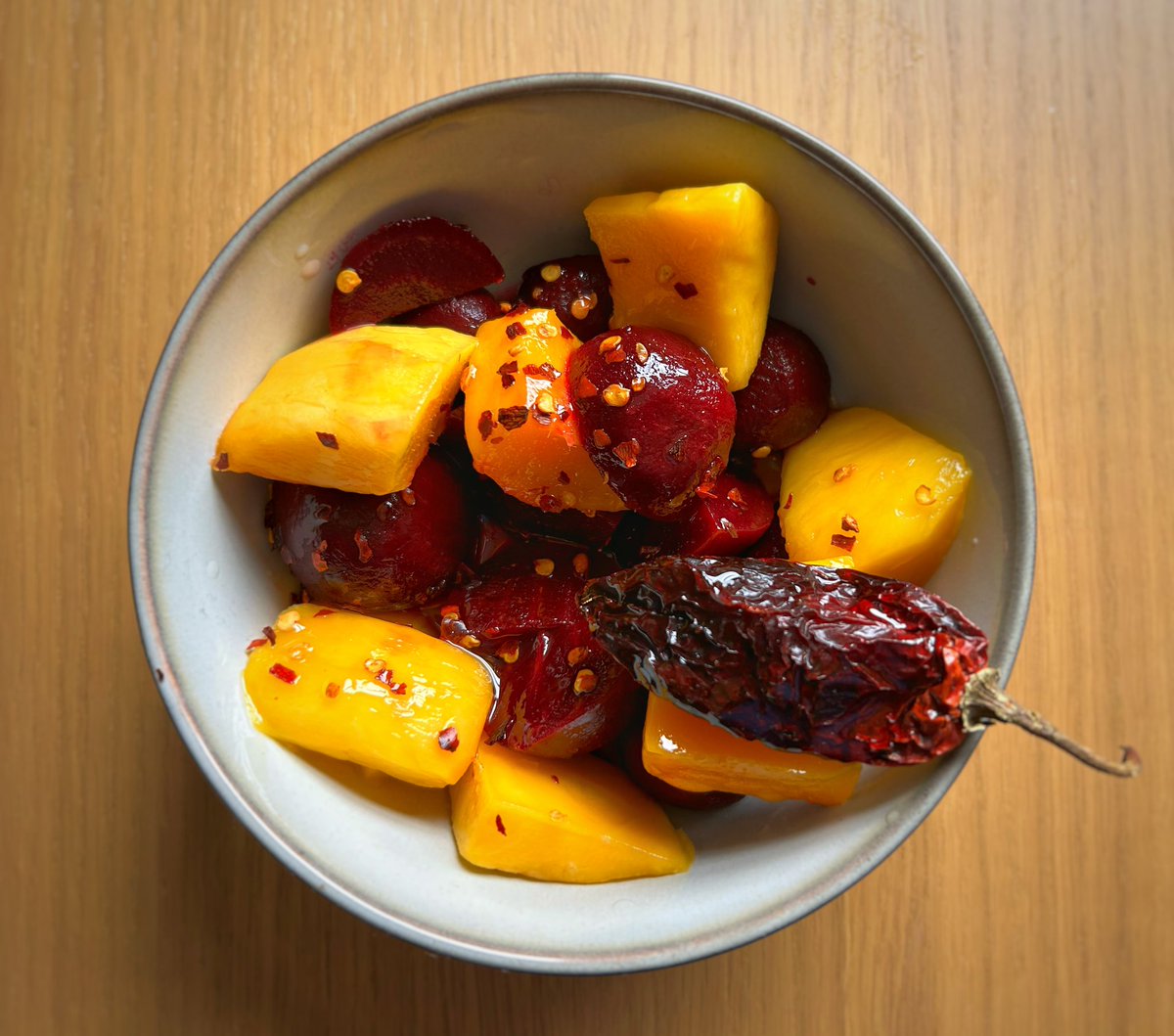 AlastairBassett's tweet image. Mango, beetroot and chilli salad 🥭 🌶️ I had this in Bangkok about 15 years ago and am attempting to replicate it #mango #chilli #beetroot #salad