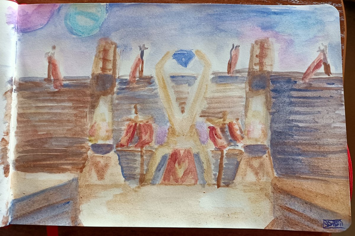 AstraNartsArts's tweet photo. In my free time, I painted a scenery that shows Velo's Citadel.  It turned out that the paper was NOT suitable for watercolour paints, contrary to the description in my new sketchbook:/
Anyways, It turned out eh, decent?? I guess 😂
#crashbandicoot #emperorvelo #watercolour #art https://t.co/WaVz1QpiJV
