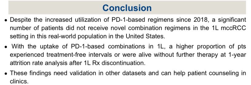 Gliceida Galarza, MD (@gliceidagalarza) on Twitter photo Ab#4527 <a href="/ASCO/">ASCO</a> #ASCO24 👉 ascopubs.org/doi/abs/10.120… 👉 In <a href="/flatironhealth/">Flatiron Health</a> we showed ⬆️ but suboptimal 1L use of IO-based tx and➕pts alive at 1y following tx discontinuation for mccRCC after 2018 <a href="/neerajaiims/">Neeraj Agarwal, MD, FASCO</a> <a href="/umangtalking/">Umang Swami</a> <a href="/OncoAlert/">OncoAlert</a> <a href="/urotoday/">UroToday.com</a> Ab#4527 <a href="/ASCO/">ASCO</a> #ASCO24 👉 ascopubs.org/doi/abs/10.120… 👉 In <a href="/flatironhealth/">Flatiron Health</a> we showed ⬆️ but suboptimal 1L use of IO-based tx and➕pts alive at 1y following tx discontinuation for mccRCC after 2018 <a href="/neerajaiims/">Neeraj Agarwal, MD, FASCO</a> <a href="/umangtalking/">Umang Swami</a> <a href="/OncoAlert/">OncoAlert</a> <a href="/urotoday/">UroToday.com</a>