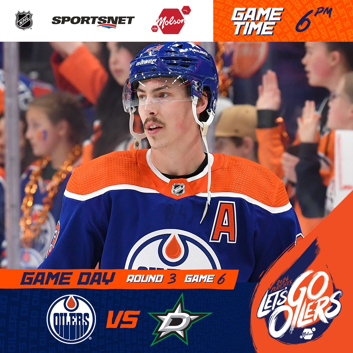 EdmontonOilers's tweet photo. PLAYOFF GAME DAY!

The #Oilers have the opportunity to close out the Western Conference Final vs. Dallas in Game 6 tonight at @RogersPlace. 

⏰ 6pm MT
📺 @Sportsnet
📻 @630CHED

#LetsGoOilers https://t.co/sGEK5tAzKg