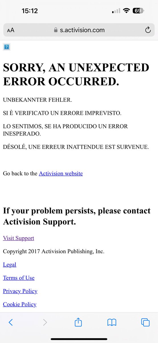 JamesMK_'s tweet photo. @j_kronenberg @Activision Same here. I only use a Mac for work lol. I tried going through the support page on their website and it doesn’t even let me sign in. I just get an error page in another language https://t.co/84Lz2Pce2d
