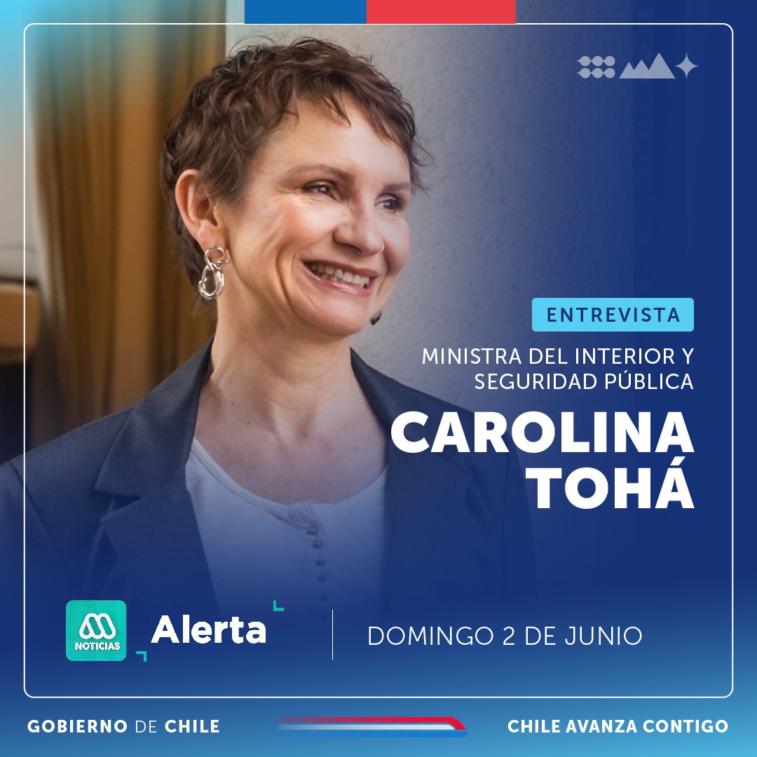 min_interior's tweet photo. 📺 ENTREVISTA | La ministra @Carolina_Toha conversará con #MegaAlerta desde el estudio de @meganoticiascl a las 10:30 hrs.
➡️Señal online: https://t.co/Y9uymzvAPp https://t.co/Z9tbqSNwAZ