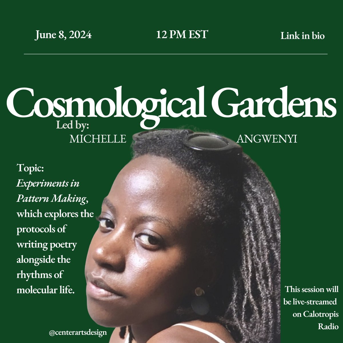 centerartdesign's tweet photo. We are excited to announce the next open session of our Cosmological Gardens workshop series! Join us for this dialogue led by Nairobi-based poet Michelle Angwenyi, on June 8th at 12:00 EST/16:00 UTC/19:00 EAT.

Click here to register: https://t.co/wwLJQPOMzh 

#poetry #workshop https://t.co/wjfKBjm3sr