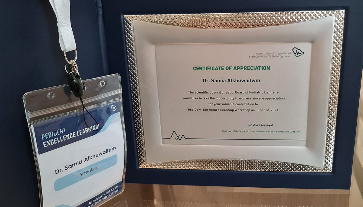 سعدت بمشاركة زملائي في لقاء البورد السعودي لطب أسنان الأطفال ٢٠٢٤ محاضرة بعنوان:
Patient-Centered Care: Idea to Reality
كل الشكر للجنة المنظمة و الزملاء الحضور 
<a href="/zalkhayal/">Dr. Zikra Alkhayal د.ذكــرى الخـيّال</a> <a href="/HassanHalawany/">حسّان حلواني</a> <a href="/FarisAlosaimi/">فارس العتيبي ﮼١٧٢٧م</a>