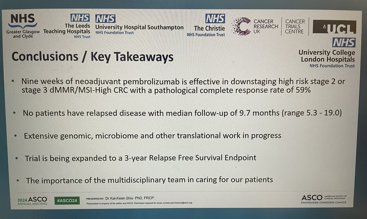 Dr. Shiu @NHS NEOPRISM-CRC high-risk stII-III CRC #MSI-H neoadj pembro X1 then if high TMB 2 more cycles of pembro (33 of 34 pts had TMB high) ➡️ 59% pCR rate (primary endpoint), 2 G>3 irAEs, few surgical complications #ASCO24 @OncoAlert