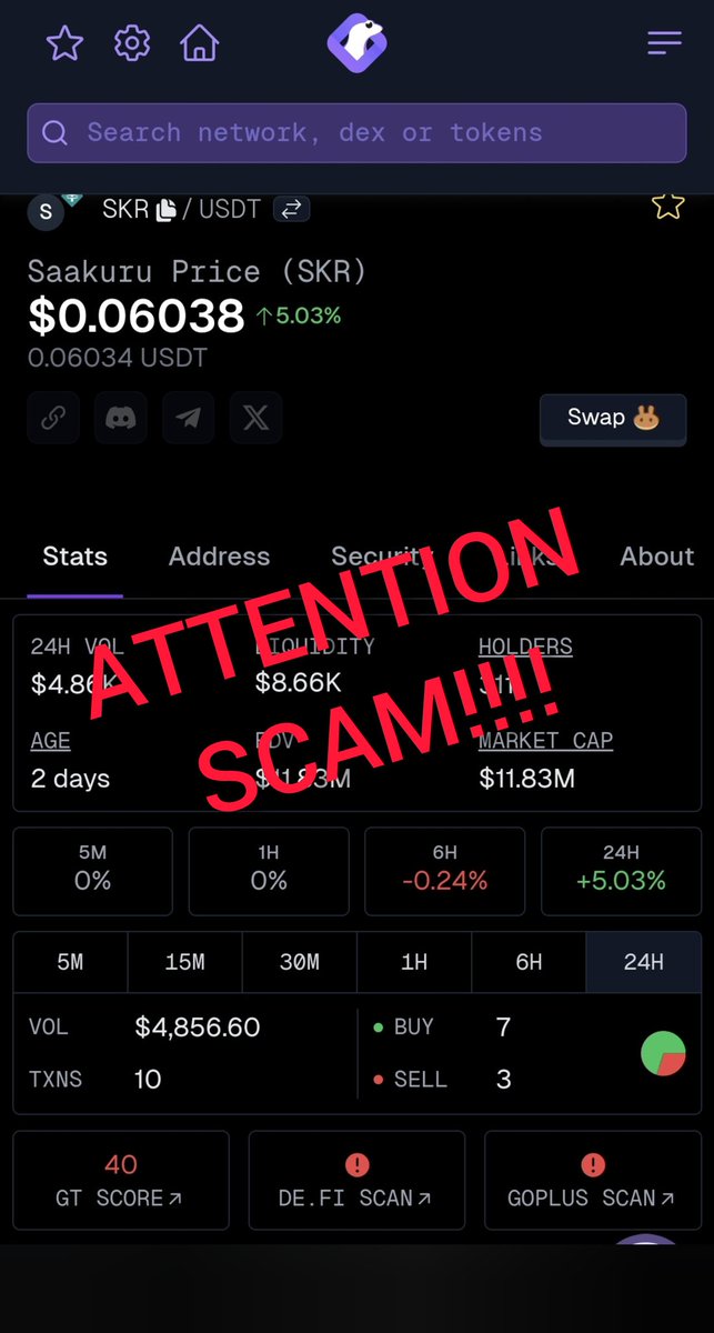 ⚠️SCAM ALERT❗️

Despite numerous scammers across multiple blockchains being blacklisted, new ones continue to emerge. 

👉ALWAYS START from the Saakuru PORTAL and remember to ✅️BOOKMARK IT for safe access.
saakuru.com/portal/trade $SKR