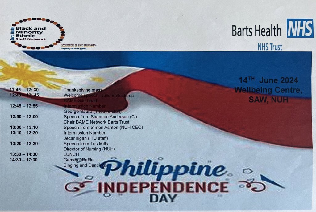 Julie Ballesteros (@julietb08) on Twitter photo Count down begins! Come and join us as we celebrate cultural heritage of Philippines from afar! <a href="/BH_Include/">@BH_InclusionCentre</a> <a href="/BartsHealthBME/">Barts Black & Minority Ethnic Network</a> <a href="/Barts_Charity/">Barts Charity</a> <a href="/V_LeeNHS/">Veronica Lee</a> <a href="/FunkeBella/">FabulousFunky🤗</a> @NewhamHospital <a href="/CatrionaRowland/">Catriona (Catrina)💙 #BHWellbeing</a> <a href="/S_AshtonNHS/">Simon Ashton</a> <a href="/dannymcg/">Danny McGuinness</a> <a href="/DelvirMehet/">Del Mehet</a> Count down begins! Come and join us as we celebrate cultural heritage of Philippines from afar! <a href="/BH_Include/">@BH_InclusionCentre</a> <a href="/BartsHealthBME/">Barts Black & Minority Ethnic Network</a> <a href="/Barts_Charity/">Barts Charity</a> <a href="/V_LeeNHS/">Veronica Lee</a> <a href="/FunkeBella/">FabulousFunky🤗</a> @NewhamHospital <a href="/CatrionaRowland/">Catriona (Catrina)💙 #BHWellbeing</a> <a href="/S_AshtonNHS/">Simon Ashton</a> <a href="/dannymcg/">Danny McGuinness</a> <a href="/DelvirMehet/">Del Mehet</a>