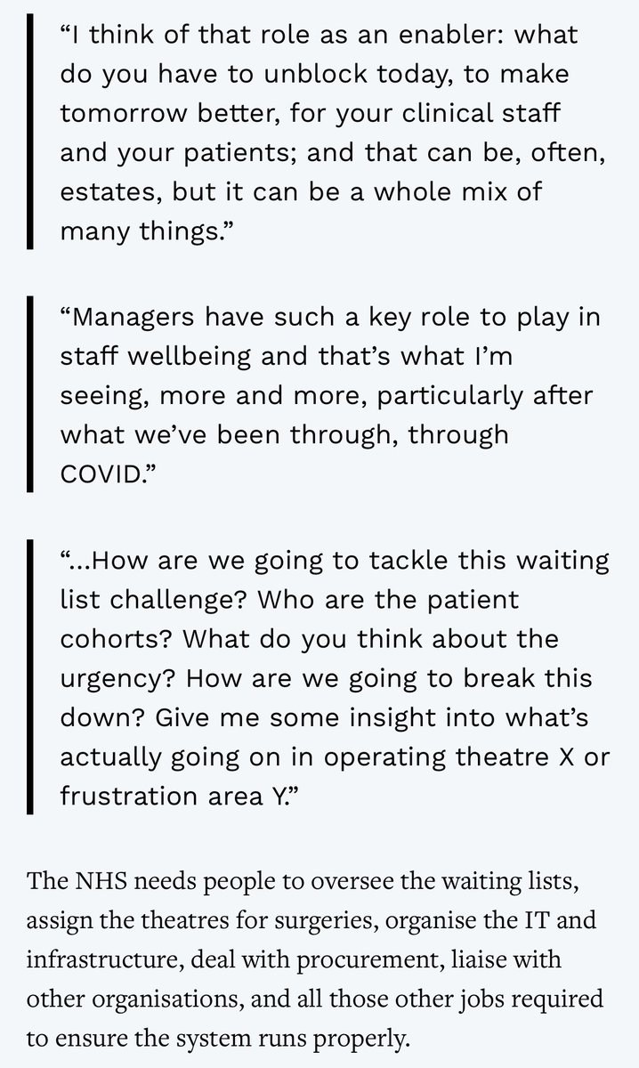 Emma 💛💙🇩🇰🇬🇧🇪🇺 (@monkemma) on Twitter photo So what do NHS managers do?
They manage the estates, the waiting lists, the IT, the discharge pathways, the hold ups in certain departments, the beds, staff welfare….. the list goes on.
They allow the NHS to function so doctors and nurses can get on with treating patients
4/8 So what do NHS managers do?
They manage the estates, the waiting lists, the IT, the discharge pathways, the hold ups in certain departments, the beds, staff welfare….. the list goes on.
They allow the NHS to function so doctors and nurses can get on with treating patients
4/8