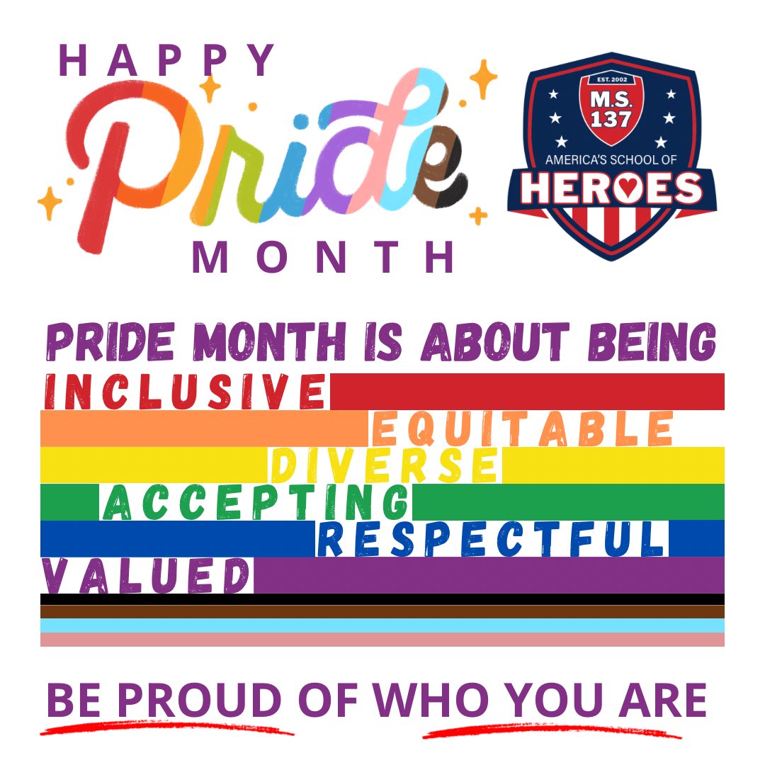 Happy Pride Month… where we are all about being inclusive, accepting, equitable, diverse, respectful and valued!!! Always be PROUD of who you are!!!

<a href="/Principal_Trin/">Pamela Trincado</a> <a href="/D27NYC/">Community School District 27</a>