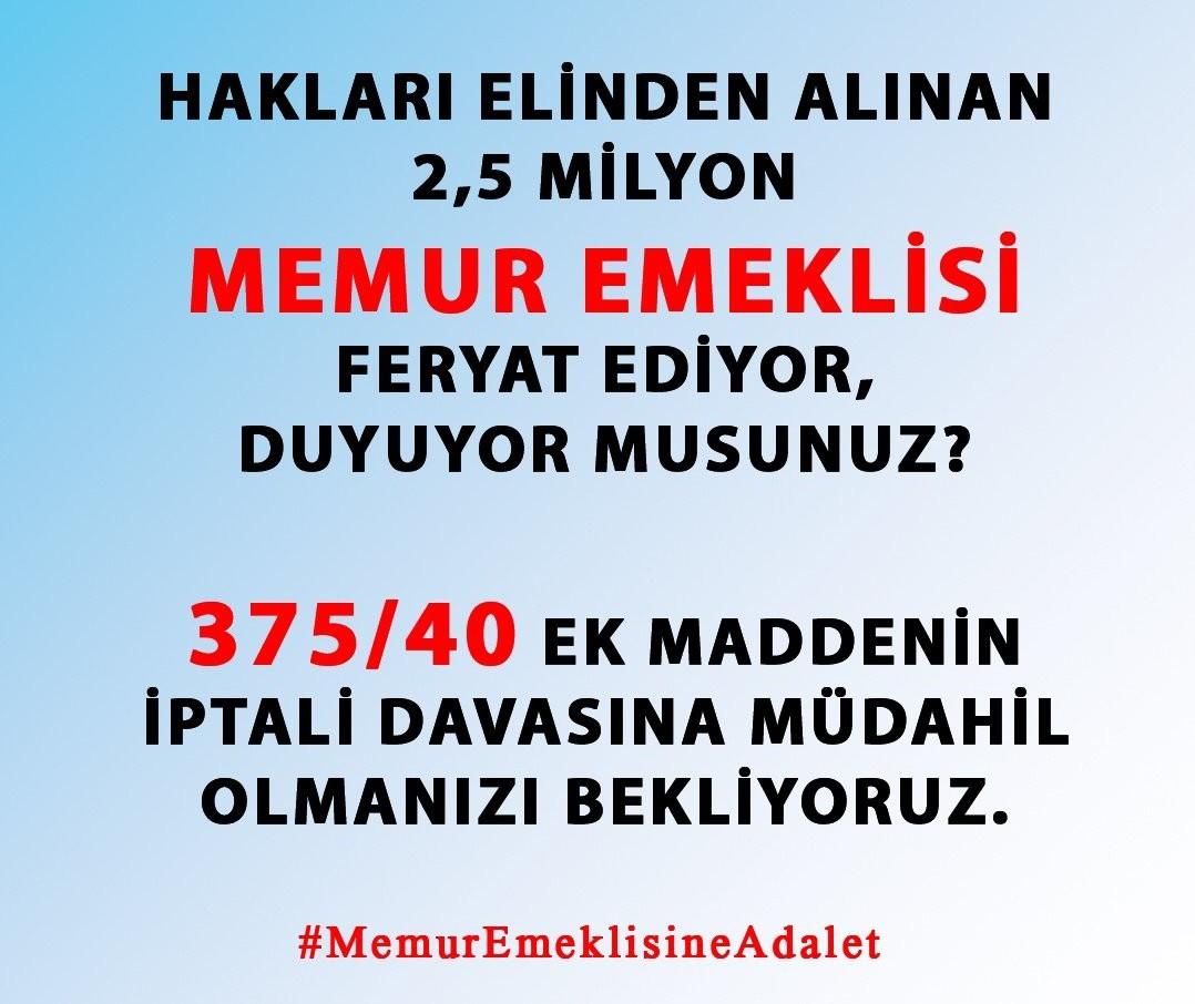 #MemurEmeklisineAdalet #MemurEmeklisineAdalet 2,5 MİLYON #EmekliMemur un seyyanen ek ödeme hakkının iadesi için tüm partileri danıştay da devam eden davaya zamanında müdahil olmasını bekliyoruz.
#MemurEmeklisineAdalet 
<a href="/herkesicinCHP/">CHP 🇹🇷</a> <a href="/iyiparti/">İYİ Parti</a> <a href="/rprefahpartisi/">Yeniden Refah Partisi</a>
<a href="/SaadetPartisi/">Saadet Partisi</a>
