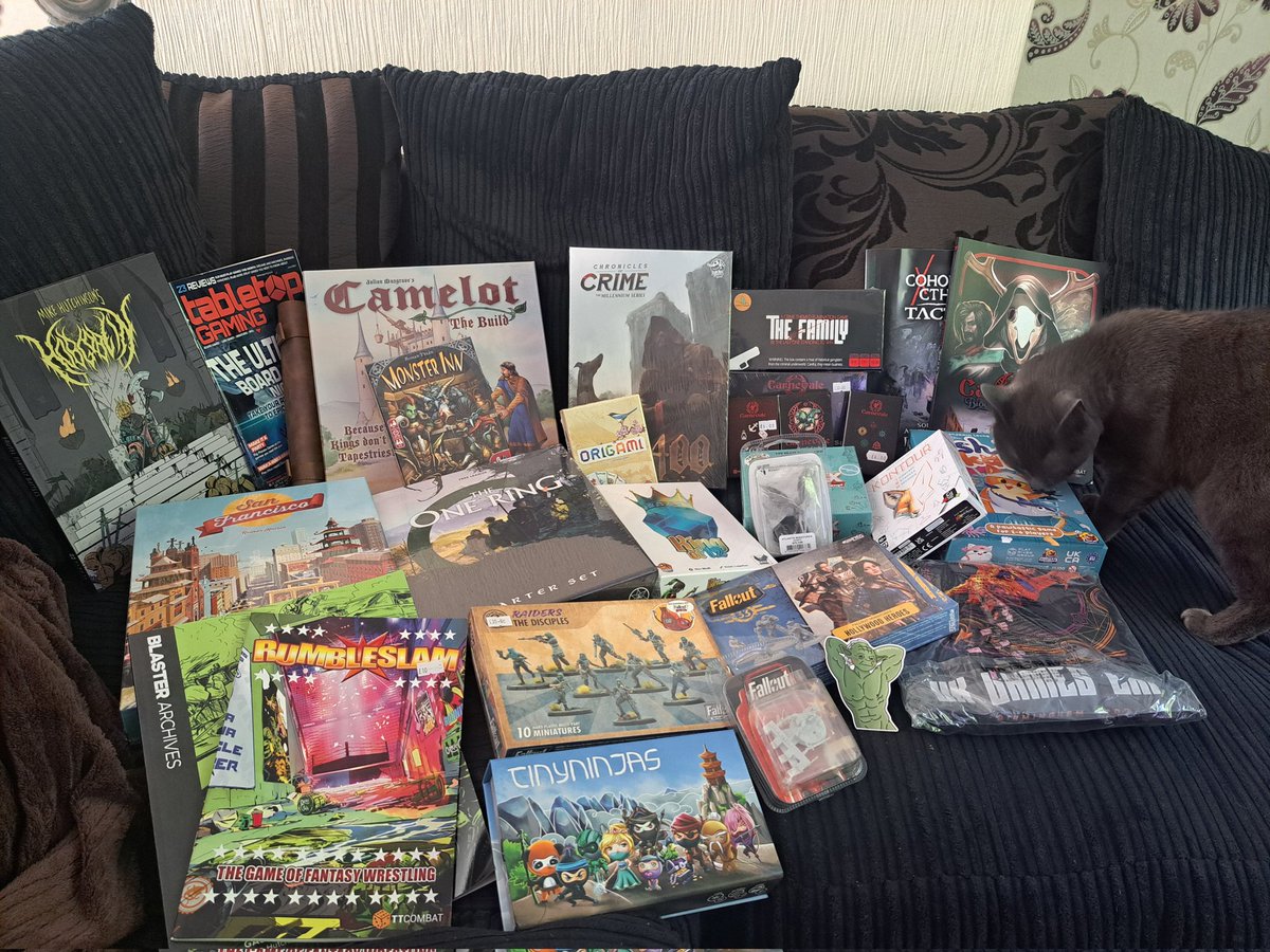 Thedace1's tweet photo. An absolutely amazing 3 days @UKGamesExpo great haul of games. Thanks @crikeymiles for the Hobgoblin Demo. Was good to see @benbo_shaw and some of the other @ontabletop team. Checked out Fallout Factons from @Modiphius and Carnevale from @TTCombat aswell as many other cool games https://t.co/9bhmN1FIj5
