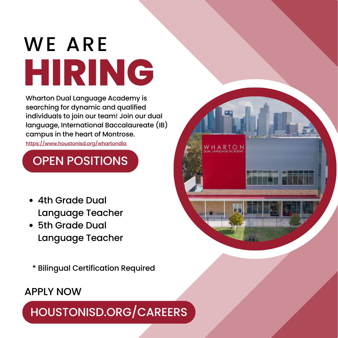 Become a part of our amazing team! Wharton is hiring for these positions for the upcoming school year.  Know someone who would be a great fit? Help us spread the word! #TeamHISD @HISDMultiPrgms #WhartonDual