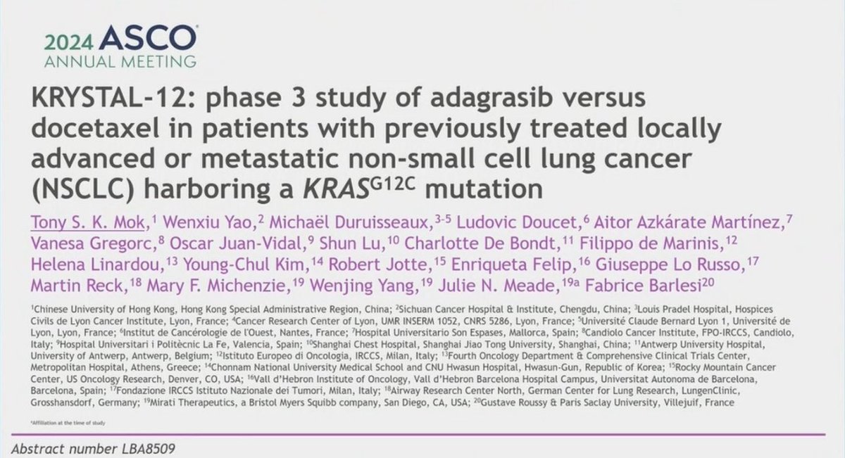 TelmaSequeiraMD's tweet photo. 🌟  ASCO 2024 🌟 KRYSTAL12 results:
☑️ positive study: mPFS 5.5 vs 3.8 HR0.58
☑️ DCR 78% vs 59%
☑️ ADA showed intracranial efficacy in pts with M1 CNS

Nice to see the results of CT in which our patients are participating💪🏻 and benefiting 
#ASCO24 #NSCLC #ipolisboa https://t.co/IbXTsAwJzX
