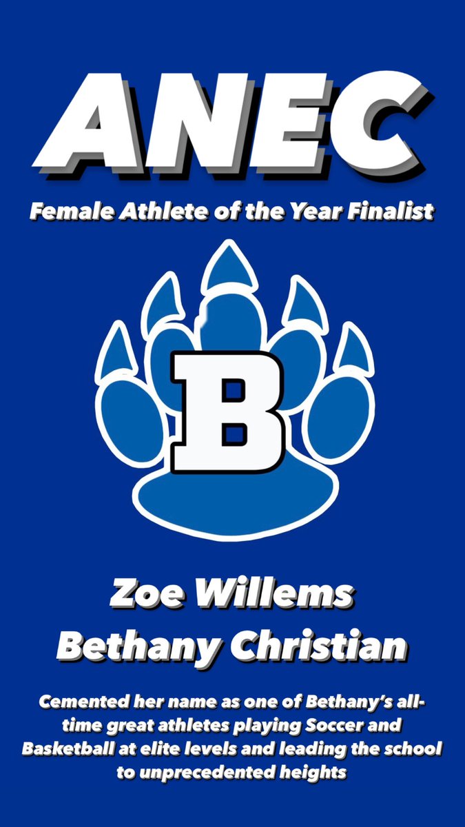 Next ANEC Female Athlete of the Year Finalist is <a href="/bethany_bruins/">Bethany Athletics</a> Zoe Willems who led the soccer and basketball teams to unprecedented heights. Not only is she the school’s all time leading scorer in 🏀 she will be remembered for her role on the state finalist team in 2022-23