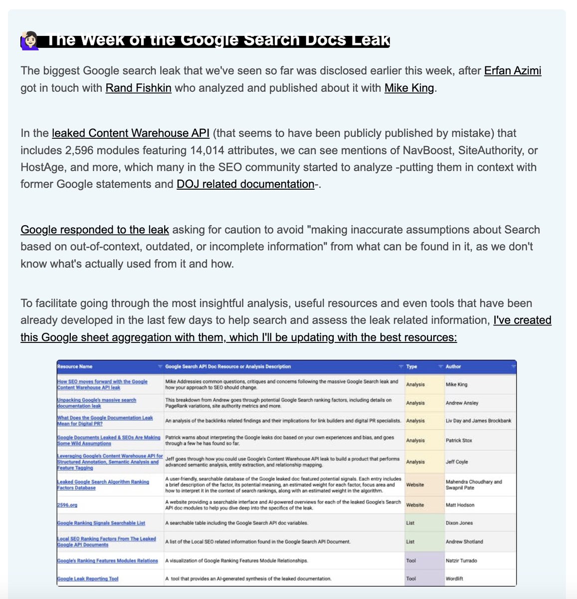 aleyda's tweet photo. A new special edition of #SEOFOMO was just sent with the latest of the Google Leaks, Google AI Overviews, other news, guides, tools and more, featuring awesomeness from @iPullRank @randfish @thetafferboy @richsangerSEO @jessthebp @ChrisSimmance @witczyk @BrockbankJames  and more! Check your emails or subscribe now 🤩 Today's SEOFOMO's SEO to follow are those who are behind or have created useful analysis or resources about the Google Search API Doc! Click on the author name in the sheet: https://t.co/uTq1ToTviW to follow them in LinkedIn.