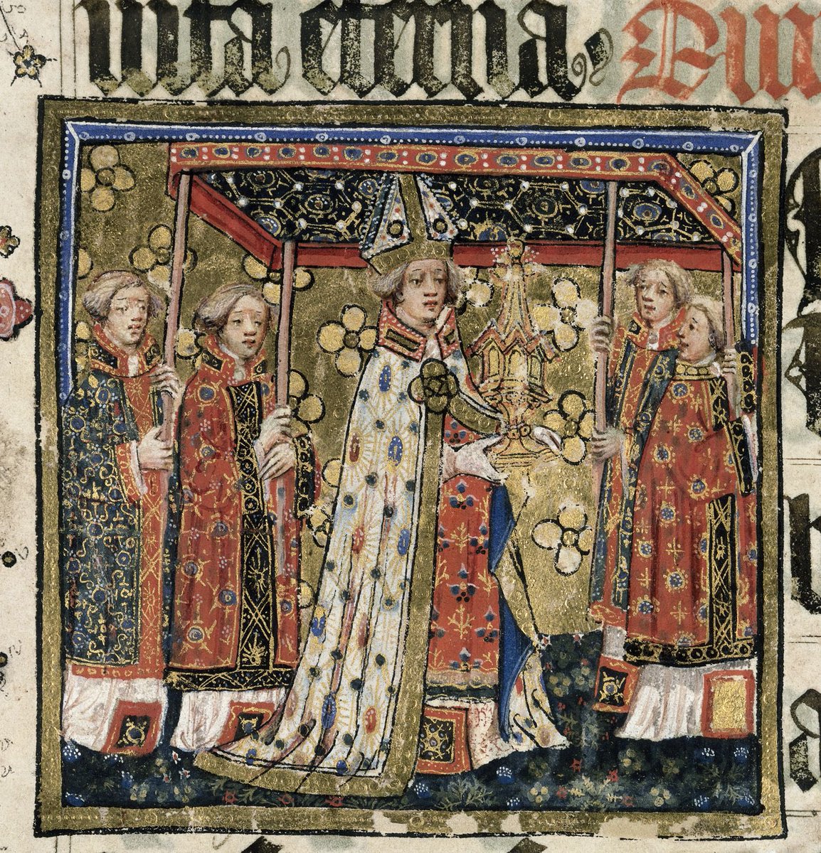 Two gorgeous illuminations on #corpuschristi from <a href="/BLMedieval/">Medieval Manuscripts</a> <a href="/britishlibrary/">British Library</a>.

The Sherborne Missal, BL Add MS 74236, c.1399/1400-7.  Historiated initial. p. 279

The Lovell Lectionary, BL Harley 7026, c.1400-10 CE. Fol. 13r 

#medievaltwitter #twitterstorians #medieval #art