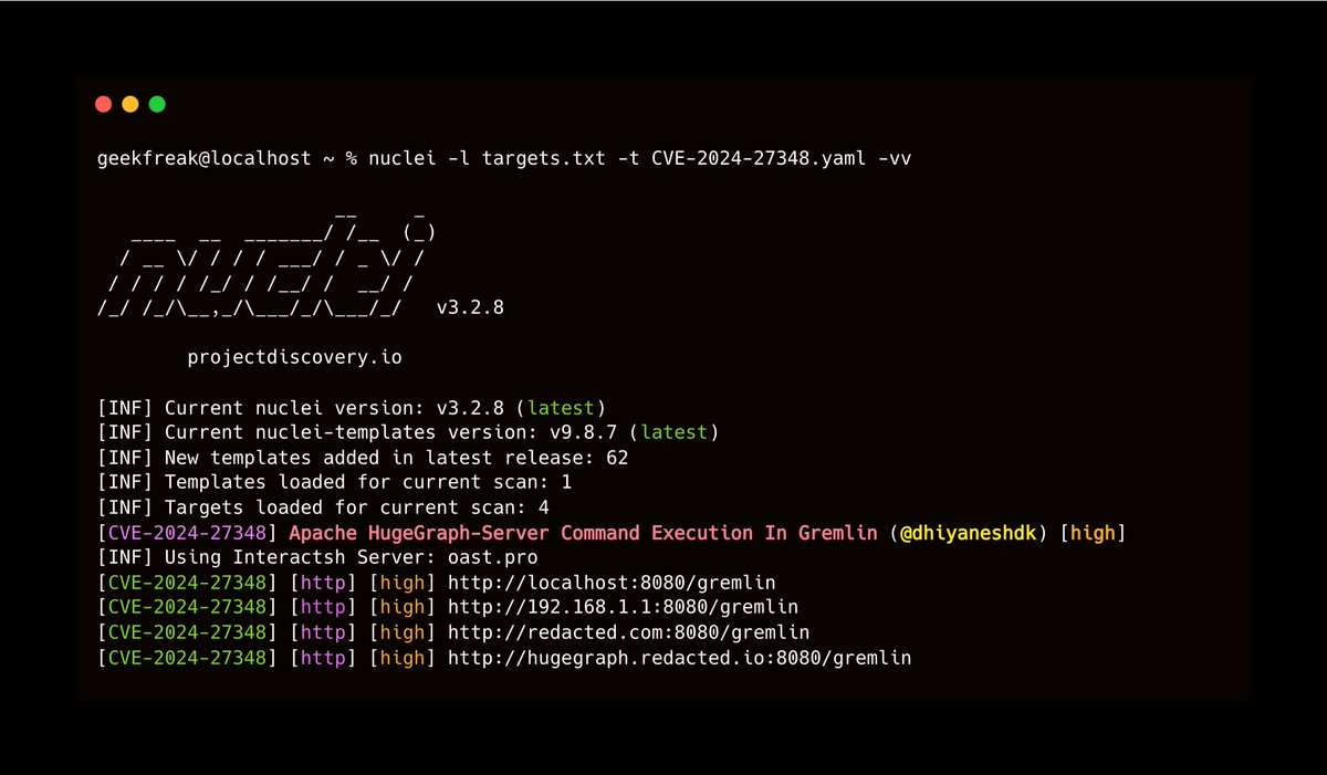 DhiyaneshDK's tweet image. CVE-2024-27348 - Apache HugeGraph-Server Command Execution In Gremlin @pdnuclei 

Nuclei Template - github.com/projectdiscove…

#hackwithautomation #pdteam #cve #apache #bugbounty