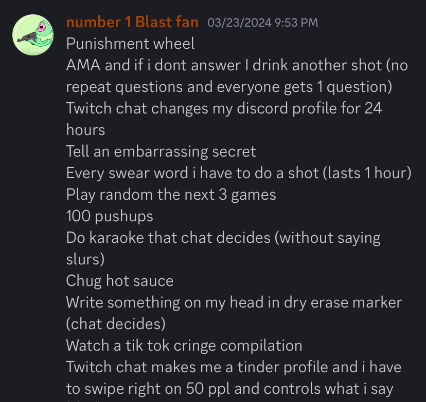 Dogbiscuits6's tweet photo. Finally, i will be putting aside like 10 dollars for money matches AND for 5555 channel points or 10 dollars paypal or the first time i lose 10x in a row i will spin a punishment wheel and i have to do the punishment it lands on. https://t.co/rexJZBpBYI