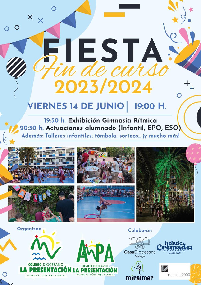 🎉📚 ¡Llega nuestra fiesta de Fin de Curso 2024! 📚🎉

🗓️ Viernes 14 de junio
🕖 19:00 horas

Tendremos:

✨ Exhibición de Rítmica
✨ Actuaciones de Infantil, Primaria y ESO
✨ Talleres infantiles
✨ Tómbola
¡Y mucho más!

¡No te lo pierdas! 🎊 

<a href="/fvictoria_es/">Fundación Victoria</a>