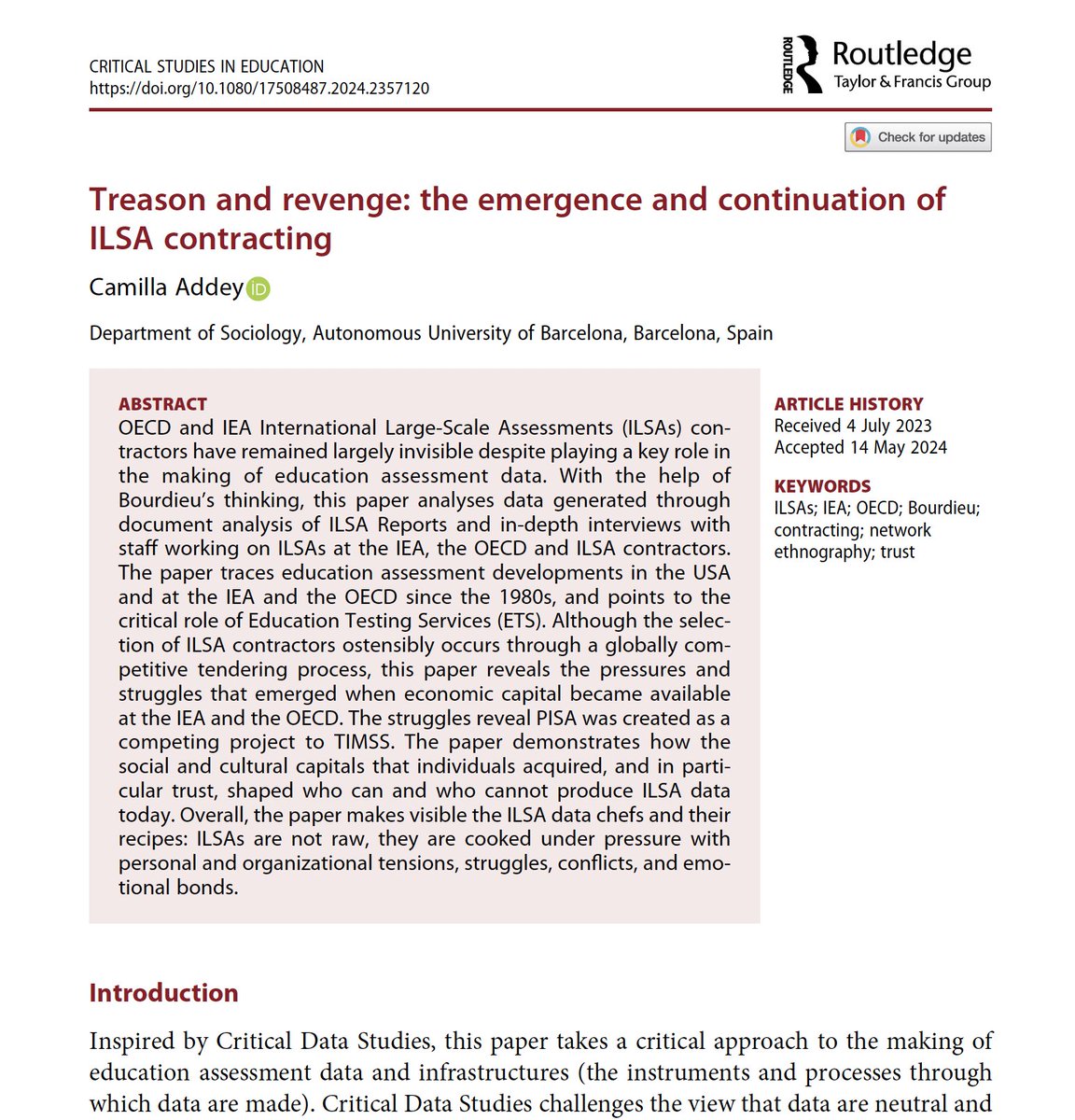 Camilla Addey (@camillaaddey) on Twitter photo Thrilled this paper is finally out in <a href="/CritStudsEd/">Critical Studies in Education</a>! It talks about ILSA chefs who cook recipes with treason&revenge. Jokes apart, this paper sheds a new light on who actually makes ILSA data and why others do not manage to enter the international education assessment data space. Thrilled this paper is finally out in <a href="/CritStudsEd/">Critical Studies in Education</a>! It talks about ILSA chefs who cook recipes with treason&revenge. Jokes apart, this paper sheds a new light on who actually makes ILSA data and why others do not manage to enter the international education assessment data space.