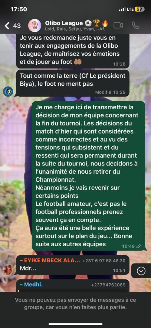 WarriorsFC237's tweet photo. En référence au Communiqué publié par la @Oliboleague , les Warriors ont tenu à clarifier la situation concernant le départ de notre équipe de cette complétion… Avec en pièces jointes le message envoyé par nos soins dans le groupe WhatsApp dédié à ce tournoi https://t.co/j6wQbsPO1H