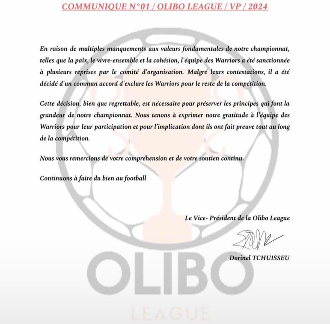 WarriorsFC237's tweet photo. En référence au Communiqué publié par la @Oliboleague , les Warriors ont tenu à clarifier la situation concernant le départ de notre équipe de cette complétion… Avec en pièces jointes le message envoyé par nos soins dans le groupe WhatsApp dédié à ce tournoi https://t.co/j6wQbsPO1H