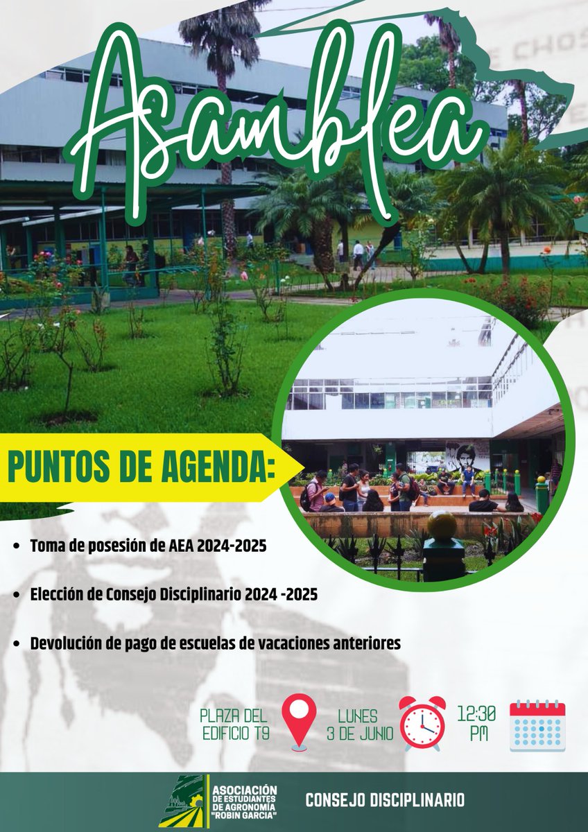 AeaRobin's tweet photo. ASAMBLEA GENERAL
PUNTOS DE AGENDA
-Toma de posesión AEA 2024-2025
-Elección Consejo Disciplinario 2024-2024
-Devolución Escuela de vacaciones  anteriores

📆 Lunes 03 de Junio de 2024
🕛 12:30 p.m. 
📍Plaza T-9 https://t.co/neSVLjhaMR