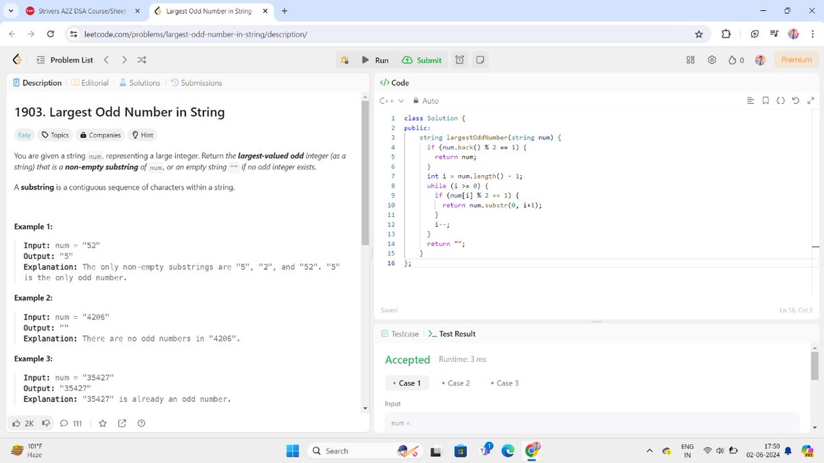 Deepakg57171715's tweet photo. Day 53 of #365daycode
Today solve a problem on leetcode.
Problem Statement:-Largest odd number in string. https://t.co/0sSQYX930b