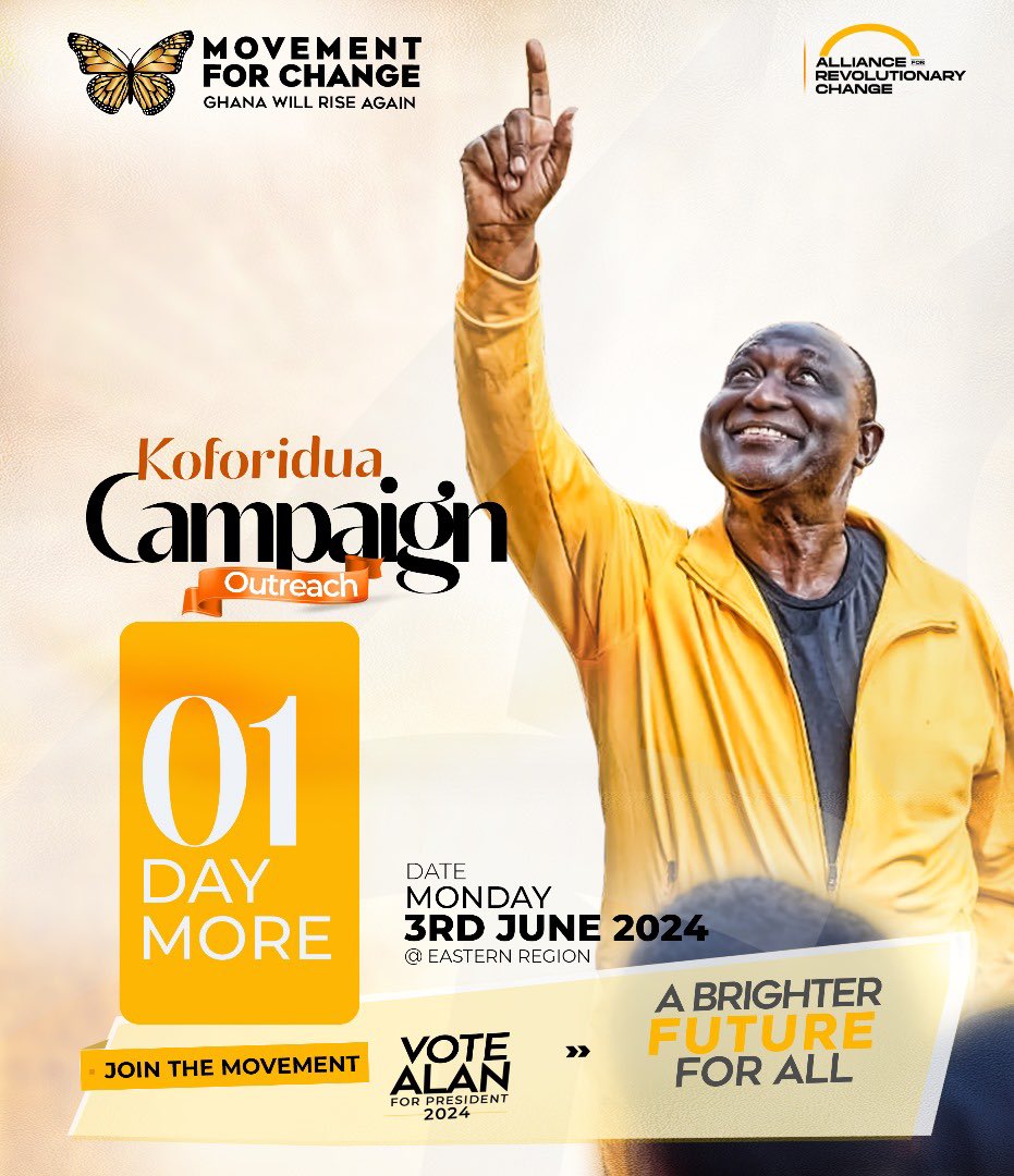 thealannews's tweet photo. Tomorrow , Alan Kyerematen invites you to be part of Ghana's revolutionary journey with the Alliance for Revolutionary Change,happening in koforidua.. https://t.co/UAq1qmqs0U