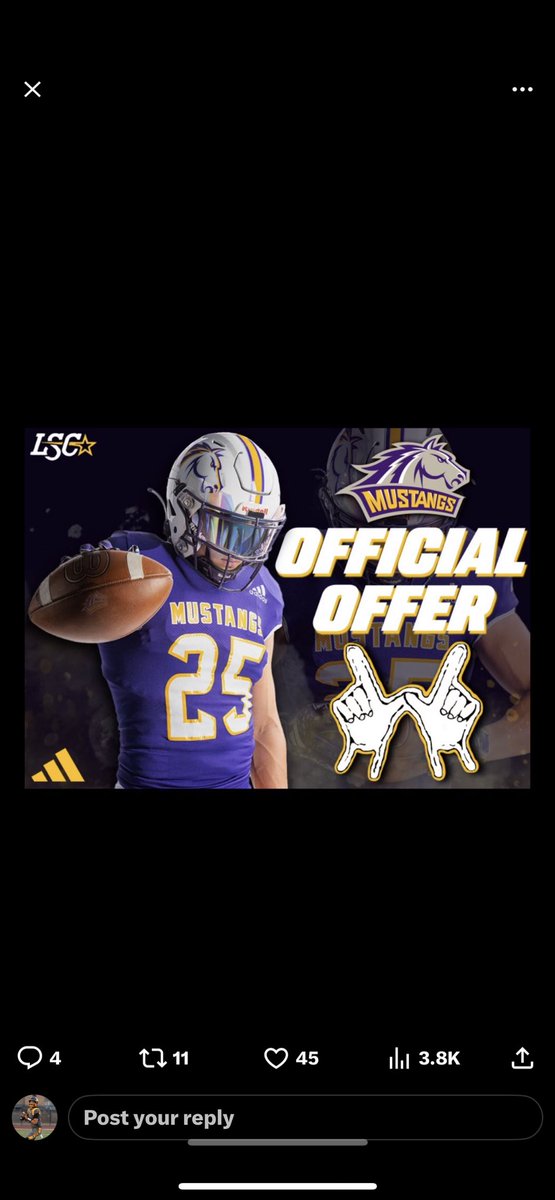 After a great conversation with <a href="/DrudikJd/">Justin Drudik</a> I am extremely blessed 🙏 to say I have received an official offer from <a href="/WNMUFootball/">WNMU Mustang Football</a> !! Thank you to <a href="/CoachburnerT/">CoachBurner_TB9</a> and <a href="/JsonCarter/">Jason Carter</a> for encouraging me to compete at their camp last weekend! 👐🏽 🐎