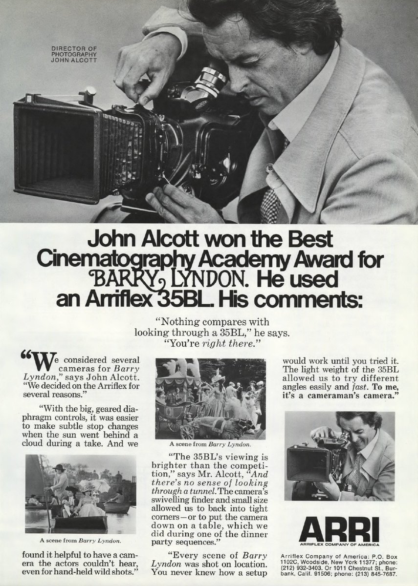 shutterangle180's tweet photo. BARRY LYNDON / John Alcott, BSC
American Cinematographer Ad
September 1976 - Vol. 57 No. 9 / page 961
#theasc #americancinematographer
#cinematography #cinematographers
#Arriflex35BL #ARRI @ARRIChannel https://t.co/8nWQYbjvu6