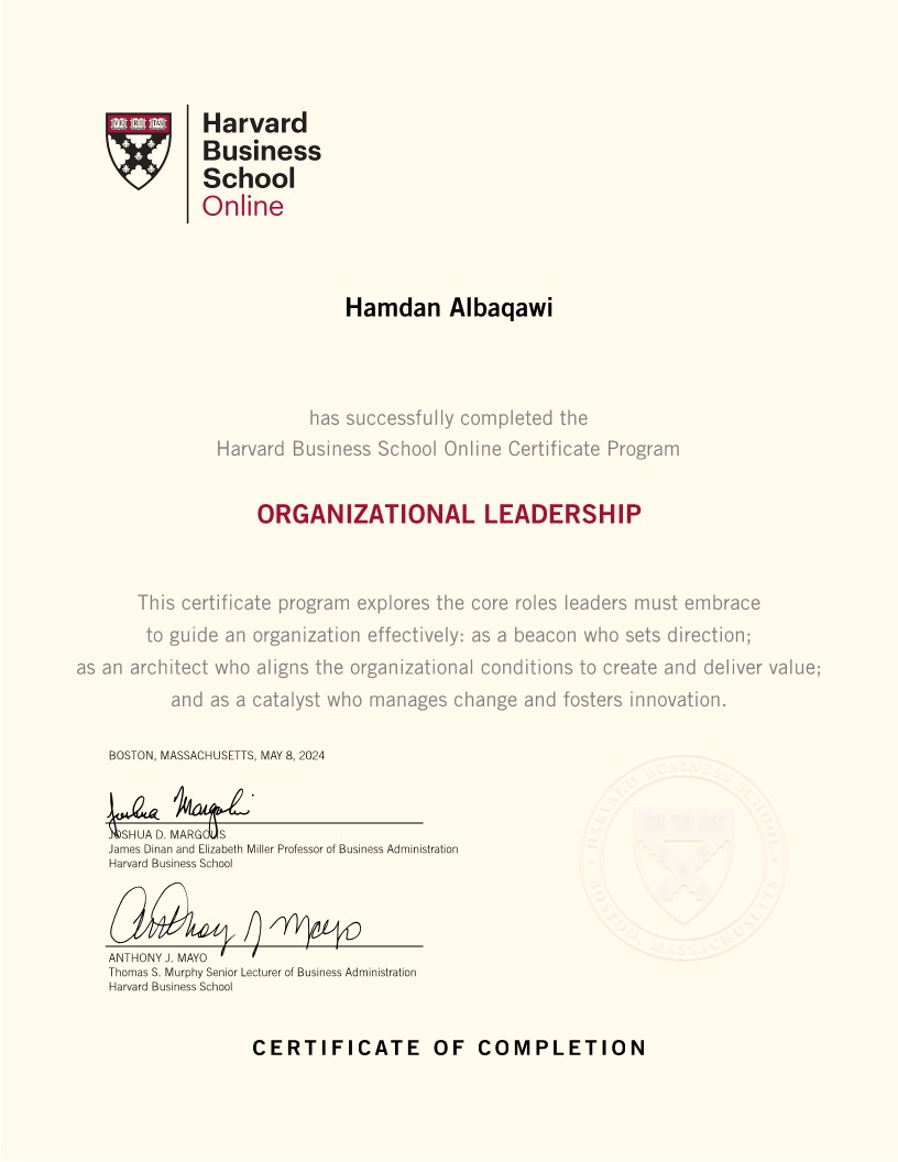 Dr_Hamdan_'s tweet photo. بحمد الله حصلت على شهادة اكمال برنامج "قيادة المنظمات" من جامعة هارفرد العريقة على مدى شهرين حيث يهدف البرنامج الى تزويد المتدربين بالمهارات والاستراتيجيات اللازمة لقيادة المنظمات بفعالية. https://t.co/3qlOub7EZs
